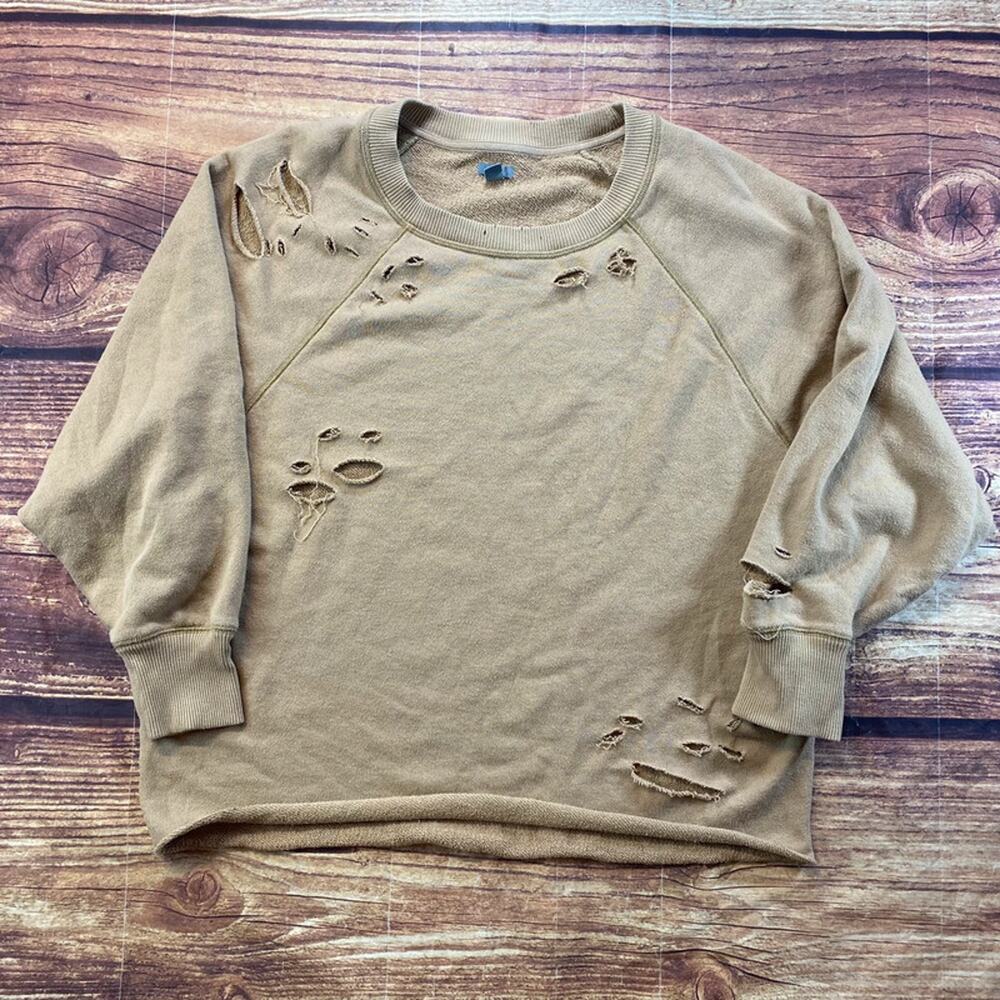 Aerie Oversized Beige Distressed Cropped Crewneck Sweater Large Stretch